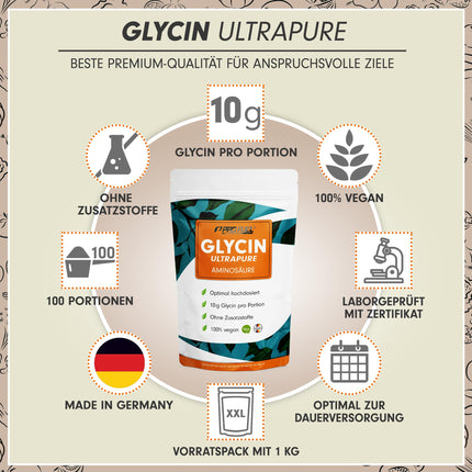 Glicīna pulveris 1 kg - optimāli dozēts ar 10 g glicīna dienā - Glicīns Ultrapure ar tīrību virs 99,9% - Aminoskābe bez piedevām - laboratoriski pārbaudīts ar sertifikātu - 100 dienu piegāde