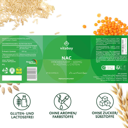 Vitabay NAC kapsulas 600 mg – 120 vegānas kapsulas ar N-acetilcisteīnu – augsta N-acetil-L-cisteīna deva – laboratoriski pārbaudītas un bez piedevām – bez ĢMO un vegānas