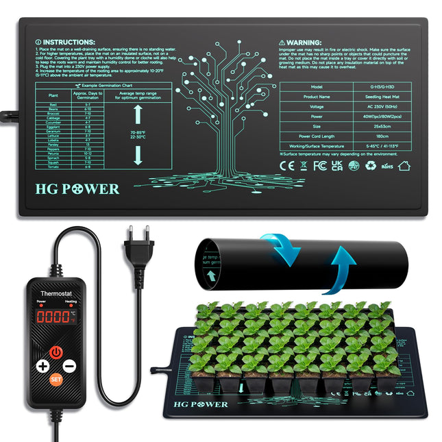 HG Power Heizmatte mit Thermostat - Heizmatte Pflanzen Wärmematte für Zimmergewächshaus, Gewächshaus Heizmatte mit Temperaturregler für Growzelt Growbox Grow Zubehör Terrarium 53 cm x 25 cm, 55Watt