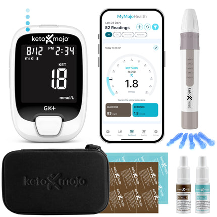 KETO-MOJO GKI Bluetooth glikozes un ketonvielu testa komplekts (mg/dL) + bezmaksas ketozes un diabēta uzraudzības lietotne – 20 testa strēmeles (10 katrā), mērītājs, 20 lancetes, lancetes ierīce un kontroles šķīdumi