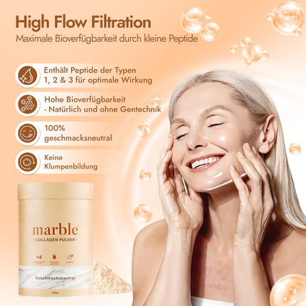 marble® kolagēna pulveris 500 g - kolagēna peptīdi ādas mirdzumam - 60 dienu bezriska izmēģinājums - augstas devas aminoskābju komplekss - kolagēna pulveris kartona traukā bez plastmasas karotes - bezgaršīgs