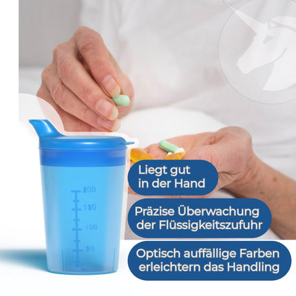 Horn Medical 3 pieaugušo dzeršanas krūzīšu/dzeršanas palīglīdzekļu komplekti (250 ml) ar diviem vāciņiem (liels un mazs atvērums) katrā komplektā - krāsa pēc izvēles (zila)
