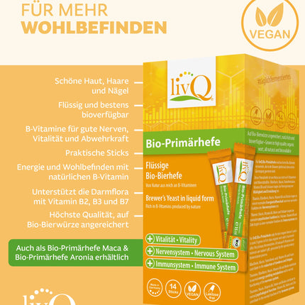 livQ Organic Primary Yeast Pure - superēdiena imunitāti stiprinošs šķidrums, organisks alus raugs no primārās fermentācijas ar B vitamīniem, atsvaidzinošs, vegāns un bez laktozes | 210 ml