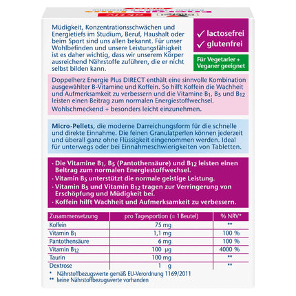 Doppelherz Energy Plus kofeīns + taurīns + B vitamīni TIEŠI – Ar B1, B5 (pantotēnskābi) un B12 vitamīniem enerģijas metabolisma veicināšanai – 20 paciņas