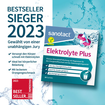 sanotact Electrolytes Plus (20 paciņas) • Elektrolītu pulveris šķidruma līdzsvaram • Kālijs un magnijs elektrolītu līdzsvaram • 100% vegāns • Atjaunojošais dzēriens • Apelsīnu garša