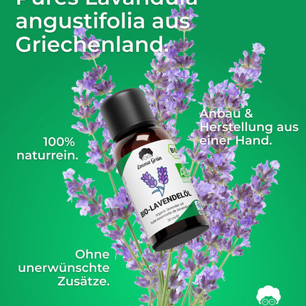 Emma Grün® organiskā lavandas ēteriskā eļļa [100% tīra] - sertificēta pārtikas produkts iekšķīgai lietošanai - organiskā lavandas ēteriskā eļļa - Ēteriskā eļļa 30 ml - lavandas smaržu eļļa aromterapijai