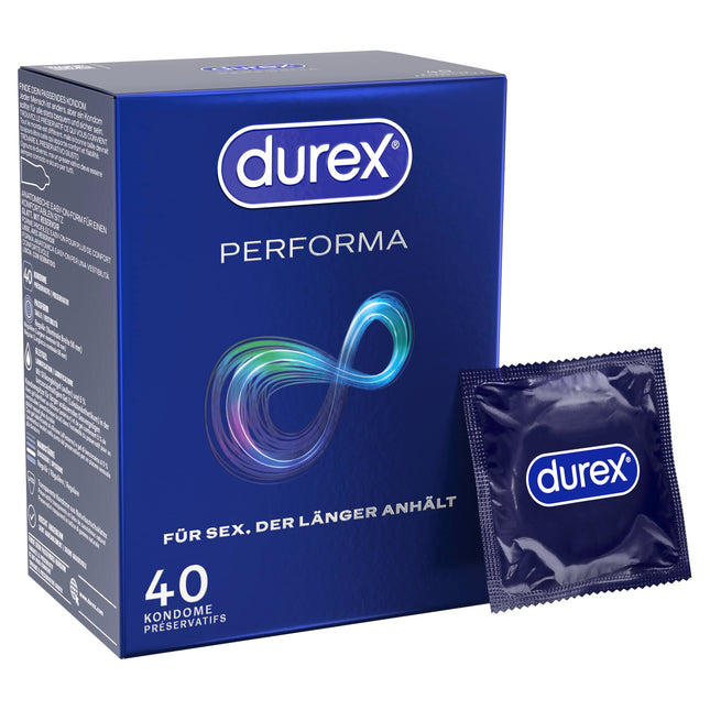 Durex Performa prezervatīvi – dzimumakta pagarināšanas prezervatīvi ar 5% benzokaīna gelu un viegli uzvelkamu formu – 40 prezervatīvi (1 iepakojums)