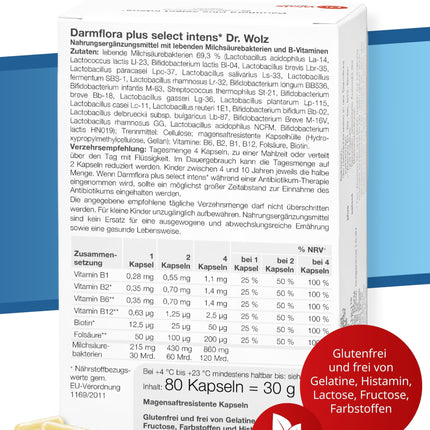 Dr. Wolz Darmflora plus select* - 80 augstas devas kapsulas - 8 pienskābes baktēriju celmi - 48 miljardi baktēriju kultūru dienā - Kultūru komplekss zarnu gļotādai un imūnsistēmai - Zarnu dziedināšana* - vegāns