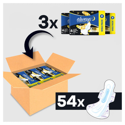 Always Ultimate Night higiēniskās paketes (6. izmērs) ar spārniņiem, 54 iepakojumi, īpaši absorbējošas, menstruācijām