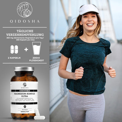 QIDOSHA® magnija komplekss ar augstu devu, 300 kapsulas farmaceita glāzē, 9 Mg formas ar papildinošām aktīvajām sastāvdaļām kā pilna spektra Mg, 300 mg elementārā magnija/dienā
