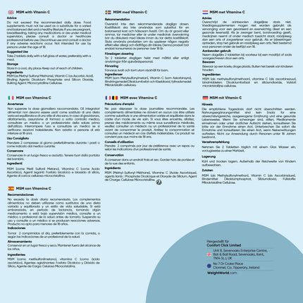 MSM 2400 mg ar 100 mg C vitamīna - 360 vegānas tabletes 6 mēnešu krājumam - Metilsulfonilmetāns un C vitamīns - Alternatīva kapsulām un pulverim - Bez glutēna un magnija stearāta - WeightWorld