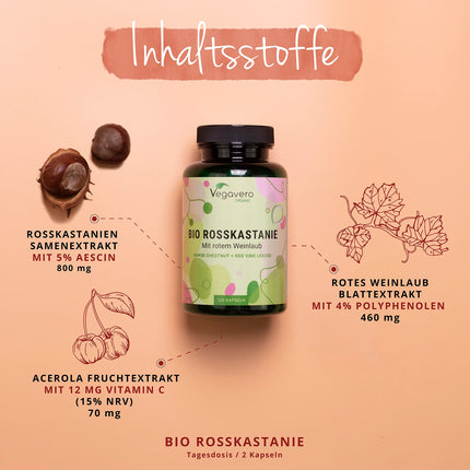 Zirgkastaņas ekstrakts Vegavero® | 100% bioloģisks | 800 mg ekstrakta ar vīnogu lapām un acerolas C vitamīnu | Cenas un veiktspējas attiecības uzvarētājs 2024* | Aescīns un polifenoli | 120 vēnu kapsulas | Vegāns un bez piedevām