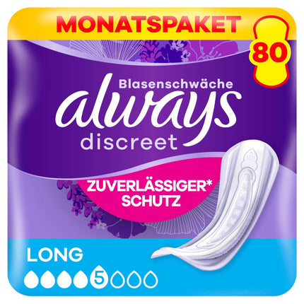 Always Discreet garie urīna nesaturēšanas ieliktņi, 80 ieliktņi (8 x 10 ieliktņi) mēneša iepakojumā, diskrēta aizsardzība un augsta uzsūkšanas spēja, neitralizē smakas
