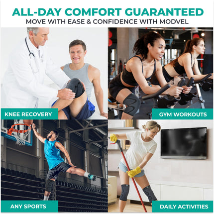 MODVEL ceļgalu atbalsta komplekts vīriešiem un sievietēm – stabils atbalsts sporta, treniņu, fitnesa, pārgājienu un ikdienas dzīves laikā – ērts, ādai draudzīgs, elpojošs atbalsts, kas izgatavots no mīksta neilona-lateksa auduma