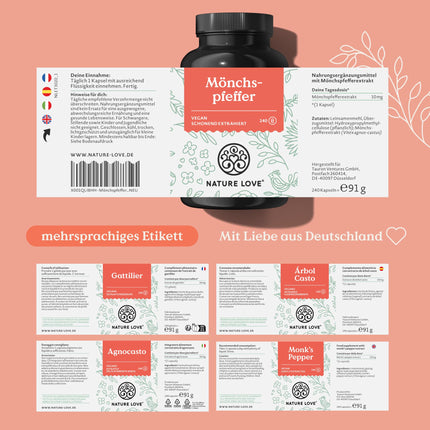 NATURE LOVE® mūka piparu kapsulas - 240 kapsulas - 4:1 ekstrakts no oriģinālā Vitex Agnus Castus - augsta deva ar 10 mg vienā kapsulā, bez nevajadzīgām piedevām, vegāns, laboratoriski pārbaudīts, ražots Vācijā