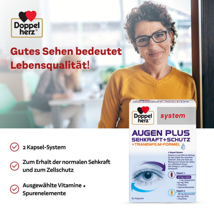 Doppelherz sistēma ACIS PLUS VĪZIJA + AIZSARDZĪBA – Ar A vitamīnu un omega-3 taukskābi DHA, kas veicina normālas redzes uzturēšanu – 60 kapsulas