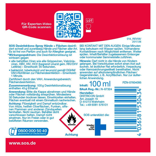SOS dezinfekcijas aerosols, 2 x 100 ml smidzināšanas pudeles, roku dezinfekcija pret 99,99% baktēriju, sēnīšu un vīrusu*, piemērots virsmu un priekšmetu dezinfekcijai