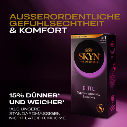 SKYN Elite prezervatīvi, bez lateksa, Skynfeel, vīriešu prezervatīvi, standarta izmērs, īpaši plāni un mīksti prezervatīvi, gluda, taisna forma, 53 mm plati, 100 gab.