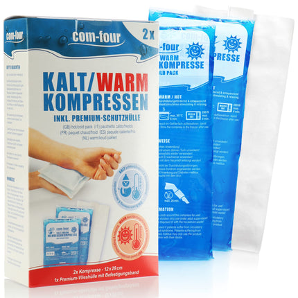 com-four® 2X lielas kompreses 29 x 12 cm ar atkārtoti lietojamu augstākās kvalitātes flīsa pārvalku, aukstas un siltas kompreses ar dzesēšanas želeju, aizsargapvalks ar elastīgu lenti, piemērotas mikroviļņu krāsnij - ražotas Vācijā