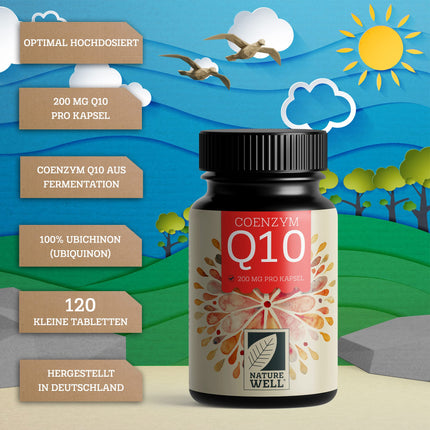 Q10 kapsulas ar lielu devu 120x ar 200 mg koenzīma Q10 vienā kapsulā, augstas kvalitātes vegānisks koenzīms Q10 no fermentācijas, bez nevēlamām piedevām, piegādā 4 mēnešus - NatureWell