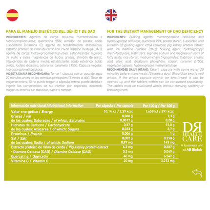 DR Healthcare Plus — uztura bagātinātājs DAO deficīta/histamīna nepanesības gadījumā — 60 efektīvas, viegli sagremojamas, zarnās šķīstošās kapsulas — gremošanas enzīmi — DAO enzīms, kvercetīns un C vitamīns.