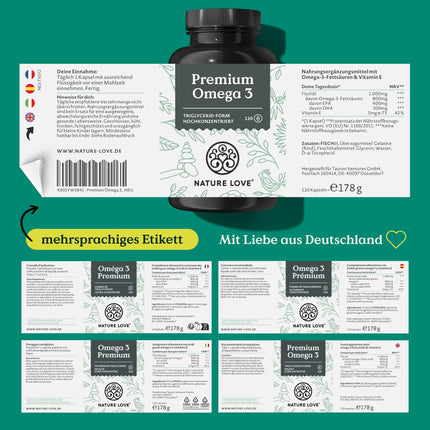 Nature Love Premium Omega 3 JAUNUMS - 120 kapsulas - 1000 mg zivju eļļas vienā kapsulā ar 80% Omega 3 saturu (EPA un DHA) - Augsta deva un augsta biopieejamība, pateicoties triglicerīdu formai - no ilgtspējīgas zvejas