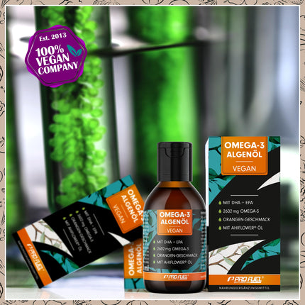 Omega-3 aļģu eļļa 100 ml - augsta deva ar 3665 mg aļģu eļļas, tostarp 1203 mg DHA un 667 mg EPA - vegāna Omega-3 eļļa + Ahiflower® eļļa ar patīkamu apelsīnu garšu - laboratoriski pārbaudīta ar sertifikātu