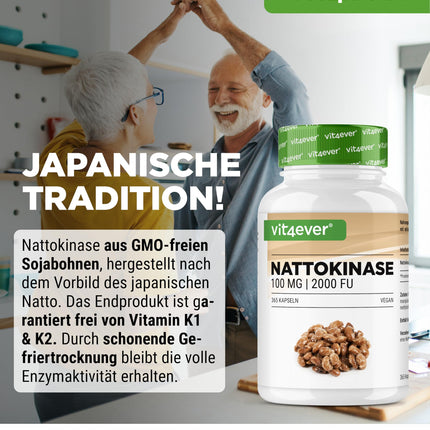 Nattokināze - 365 kapsulas pa 100 mg katra (20 000 FU/g) - 12 mēnešu krājumi - vegāns - bez ĢMO - bez nevēlamām piedevām