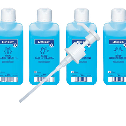 4 x 500 ml Sterillium Hygiene roku dezinfekcijas līdzekļa pudeles, ieskaitot bezmaksas mediAID dozēšanas sūkni
