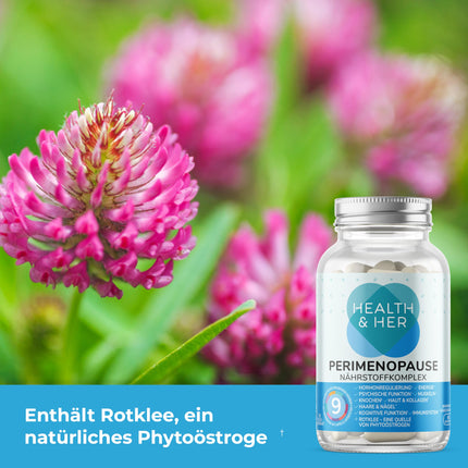 Veselība un viņas perimenopauze - ar 800 mg sarkanā āboliņa, 500 mg jama saknes, dzelzi, D3, B6 un B12 vitamīniem un makas ekstraktu labākam hormonu līdzsvaram agrīnā menopauzes laikā - Menopauze 60 kapsulas