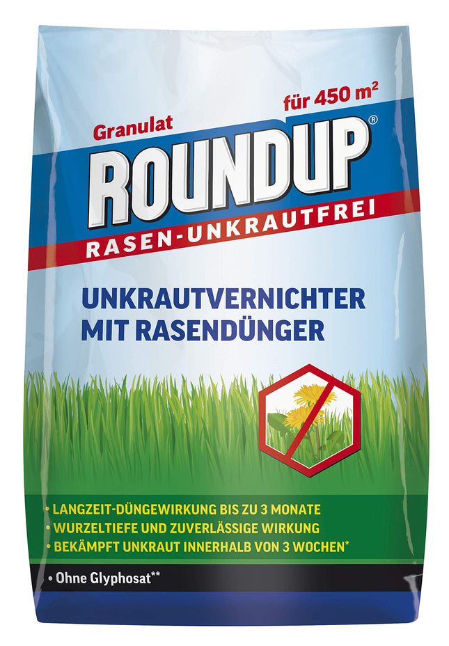 Roundup zāliena mēslojums bez nezālēm, 9 kg, 2-in-1, nezāļu iznīcinātājs plus mēslojums ar 100 dienu ilgstošu iedarbību 450 m² platībai