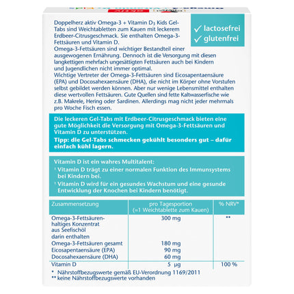 Doppelherz Omega-3 + D3 Kids - D vitamīns nepieciešams veselīgai bērnu augšanai un kaulu attīstībai - 27 želejas tabletes