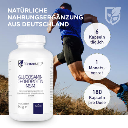 FürstenMED® glikozamīna hondroitīna MSM augsta deva + C vitamīns, 180 kapsulas kā 4 komponentu komplekss ar glikozamīnu, laboratoriski pārbaudīts un bez nevēlamām piedevām
