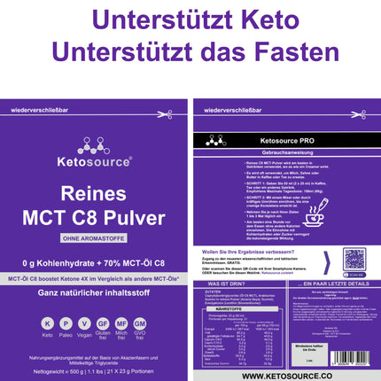 Tīrs C8 MCT pulveris | 4 reizes lielāks ketonu līmeņa paaugstinājums salīdzinājumā ar citiem MCT | Nulle ogļhidrātu | Atbalsta keto diētu un gavēni | Vegāns, drošs un bez glutēna | Bezgaršīgs | 500 g maisiņš | Ketosource