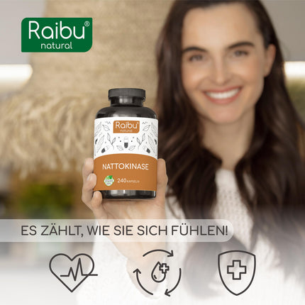 Nattokināzes kapsulas, augsta deva, 240 kapsulas, katra pa 100 mg (20 000 FU/g) - 8 mēnešu krājumi, laboratoriski pārbaudīts, vegāns - bez piedevām - Raibu