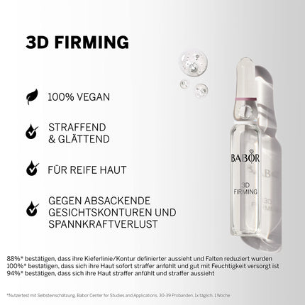 BABOR 3D nostiprinoša, pretnovecošanās seruma ampulas sejai, ar hialuronskābi lielākam tvirtumam, vegāniska formula, ampulu koncentrāti, 7 x 2 ml atsvaidzinoša