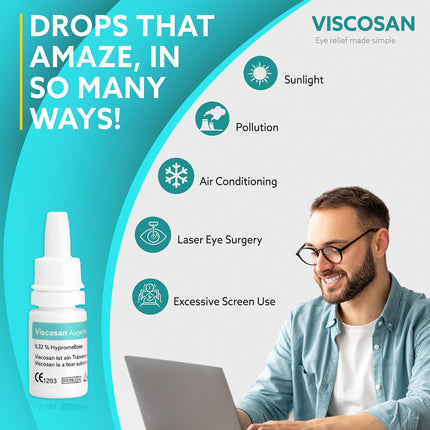 Viscosan acu pilieni ar hipromelozi - sausām, pietūkušām, nogurušām un dedzinošām acīm - ātra un ilgstoša atvieglojuma sajūta (1x10ml)