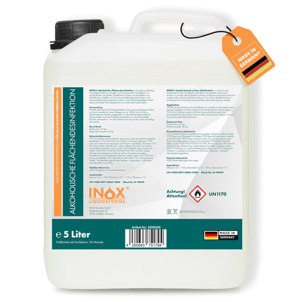 INOX® virsmu dezinfekcijas līdzeklis 5L – spirta bāzes virsmu dezinfekcijas līdzeklis visām gludām virsmām – ļoti efektīvs virsmu dezinfekcijas līdzeklis