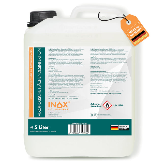 INOX® virsmu dezinfekcijas līdzeklis 5L – spirta bāzes virsmu dezinfekcijas līdzeklis visām gludām virsmām – ļoti efektīvs virsmu dezinfekcijas līdzeklis