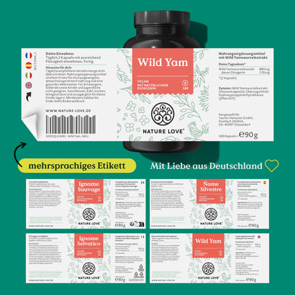 NATURE LOVE® Wild Yam kapsulas - 180 vegānas menopauzes kapsulas - Augsta deva ar 880 mg ekstrakta (ieskaitot 176 mg diosgenīna) - laboratoriski pārbaudīts, bez nevēlamām piedevām un ražots Vācijā