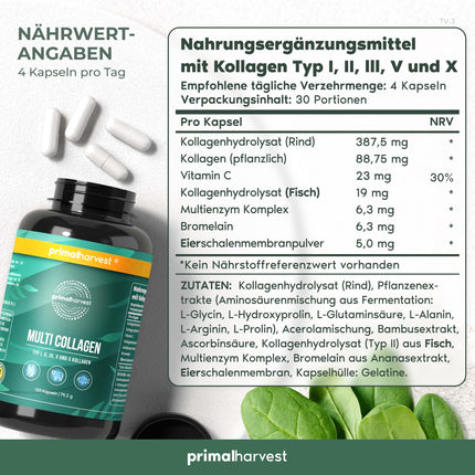 Primal Harvest ® Multi-Collagen - 120 kolagēna kapsulas ar augstu devu - augstākās kvalitātes kolagēna komplekss - GMP sertificēts un ražots Vācijā - bez glutēna un sojas