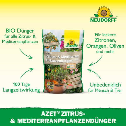 Neudorff Azet citrusaugļu un Vidusjūras augu mēslojums – organisks lēnas iedarbības mēslojums ar mikorizu veicina aromātisku augļu, piemēram, citronu, apelsīnu un olīvu, attīstību, 750 g, brūns