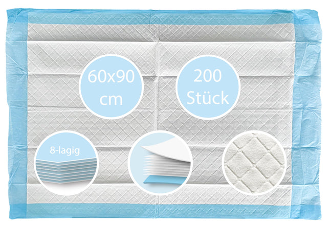 TIGA-MED medicīniskie ieliktņi 60x90cm | 8 slāņu | 200 gabali | Treniņu spilventiņi | Pārtinamie paklājiņi mazuļiem | Vienreizējās lietošanas pacientu kartes | Nesaturēšanas ieliktņi | Kucēnu spilventiņi