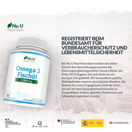 Omega 3 zivju eļļa 1000 mg - 365 kapsulas augstā devā - 900 mg EPA un DHA vienā devā triglicerīdu veidā - Tīra zivju eļļa no ilgtspējīgas zvejas - Neaizstājamās Omega 3 taukskābes - Nu U Nutrition