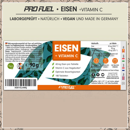 Dzelzs tabletes 180x ar 40 mg dzelzs + C vitamīnu (40 mg) no mežrozīšu augļiem - VEGĀNAS tabletes ar bioloģiski pieejamu, augstu bisglicināta devu - bez nevēlamām piedevām