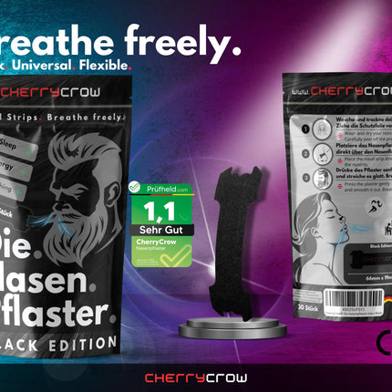 CherryCrow® - deguna plāksteri | (30 gab.) Augstākās kvalitātes melnas deguna plāksteri labākai elpošanai. 100% ādai draudzīgi plāksteri — veiktspēja un labāks miegs. Sporta pretkrākšanas plāksteri.