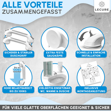LECURE® dušas rokturis [2 daļas] Urbšana nav nepieciešama - īpaši izturīgs dušas un vannas rokturis ar piesūcekni - ideāli piemērots senioriem un cilvēkiem ar fiziskām invaliditāti [110 kg celtspēja]