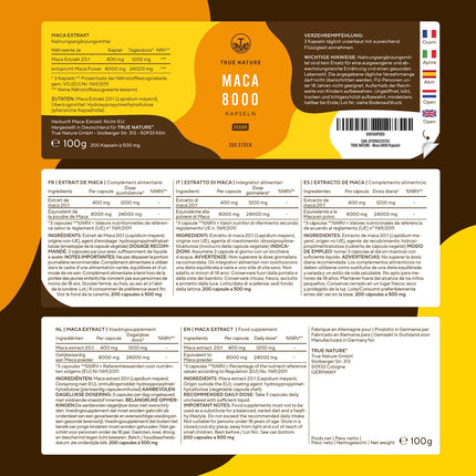 Maca kapsulas Gold 20:1 augsta deva - 8000 mg vienā kapsulā (200 kapsulas) Augstākās kvalitātes Maca ekstrakts - vegāns, ražots Vācijā - TRUE NATURE®