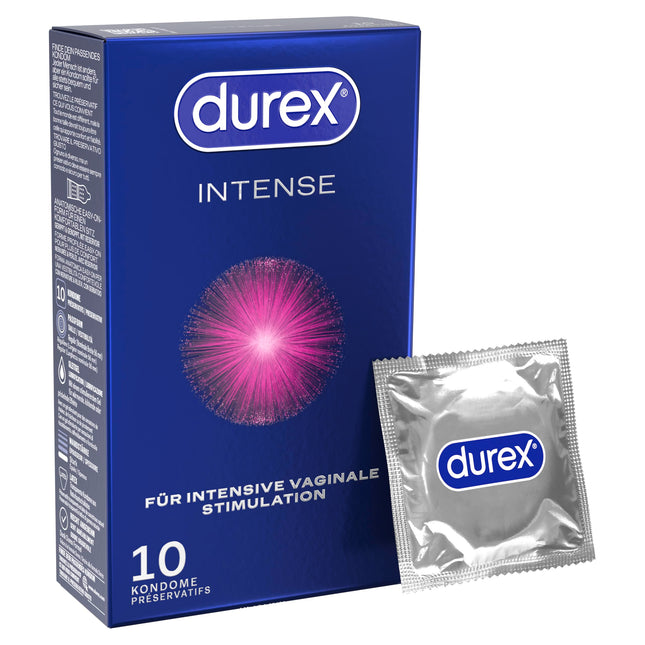 [JAUNS] Durex Intense prezervatīvi – ērtai piegulšanai, drošam seksam un lieliskai lubrikācijai ar izciļņiem, ribām un lielu daudzumu Desirex gēla, anatomiska Easy-On forma – 10 gab. iepakojumā (1 x 10 gab.)