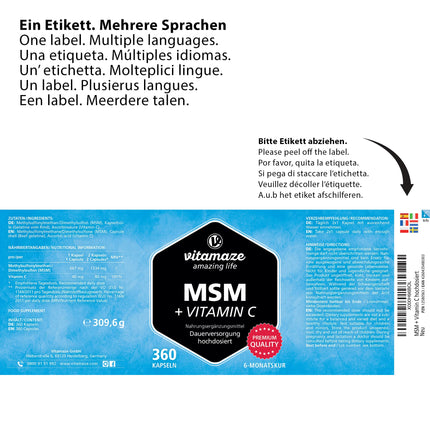 MSM kapsulas + C vitamīns, augsta deva, 360 kapsulas 6 mēnešiem, 1334 mg organiskā sēra pulvera dienā, 99,9% tīrs metilsulfonilmetāns, uztura bagātinātājs bez piedevām, ražots Vācijā